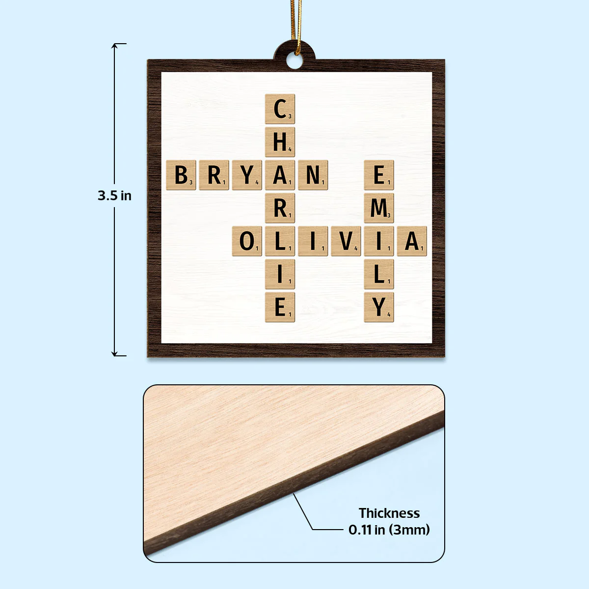 Animated Family Crossword Puzzle Art Personalized Double Sided Wooden Ornament - Image 4