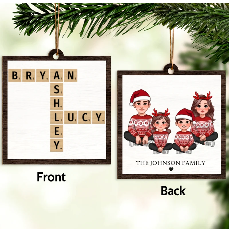 Animated Family Crossword Puzzle Art Personalized Double Sided Wooden Ornament - Image 7