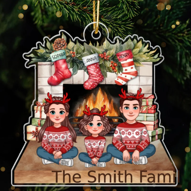 Animated Family Sitting At Christmas Fireplace Personalized Acrylic Ornament - Image 9
