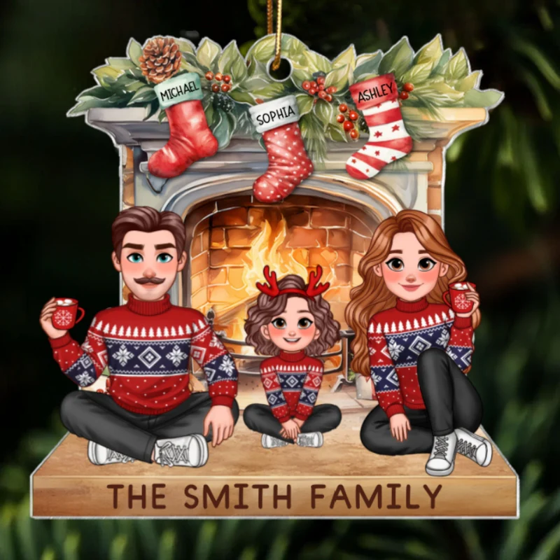 Animated Family Sitting At Christmas Fireplace Personalized Acrylic Ornament - Image 9