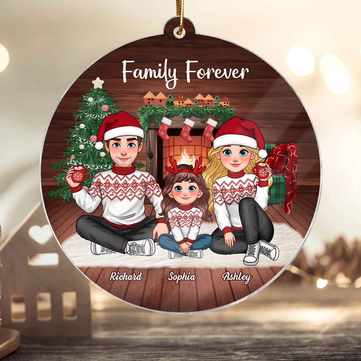 Animated Family Sitting In Cozy House Christmas Personalized Acrylic Ornament - Image 5