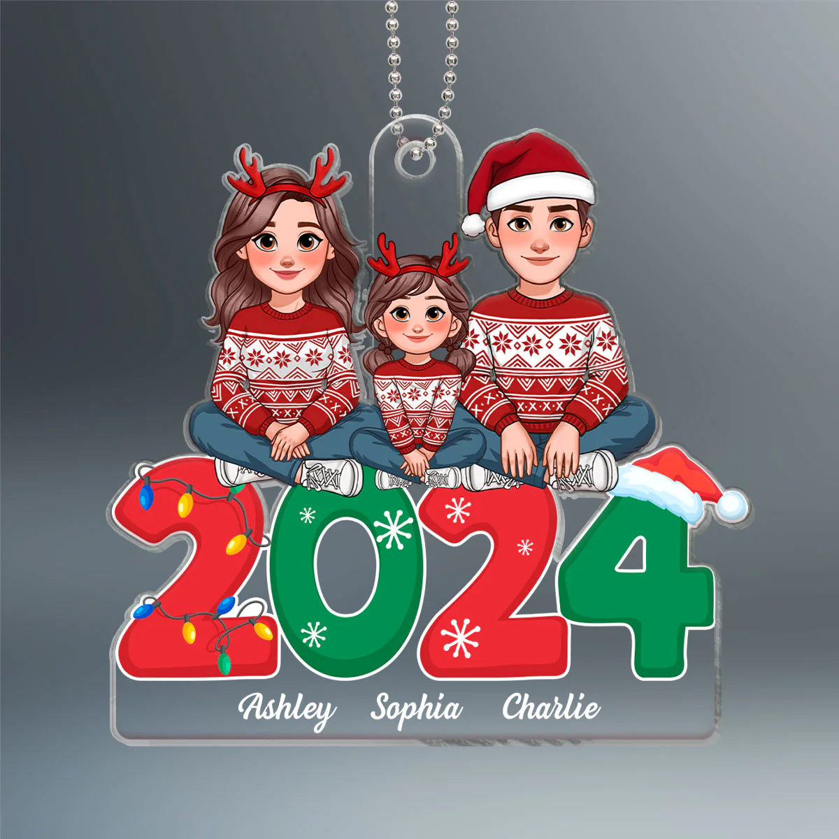 Animated Family Sitting On 2024 Christmas Personalized Acrylic Ornament - Image 2