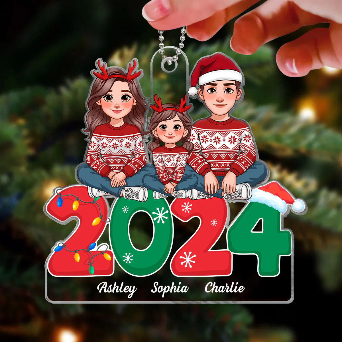 Animated Family Sitting On 2024 Christmas Personalized Acrylic Ornament - Image 3