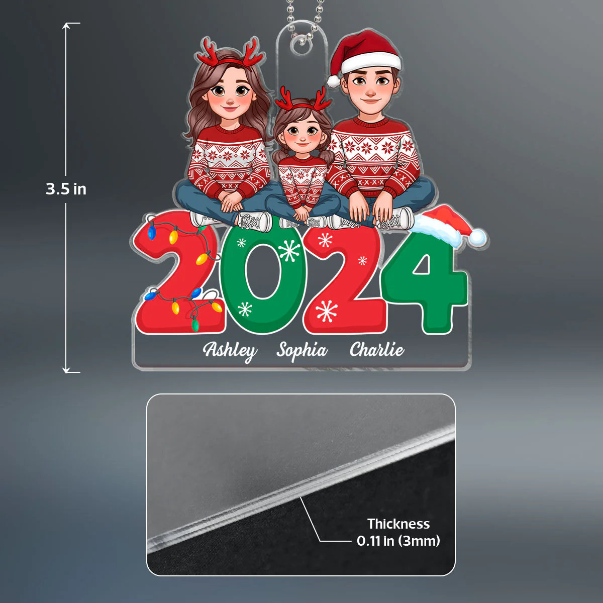 Animated Family Sitting On 2024 Christmas Personalized Acrylic Ornament - Image 4