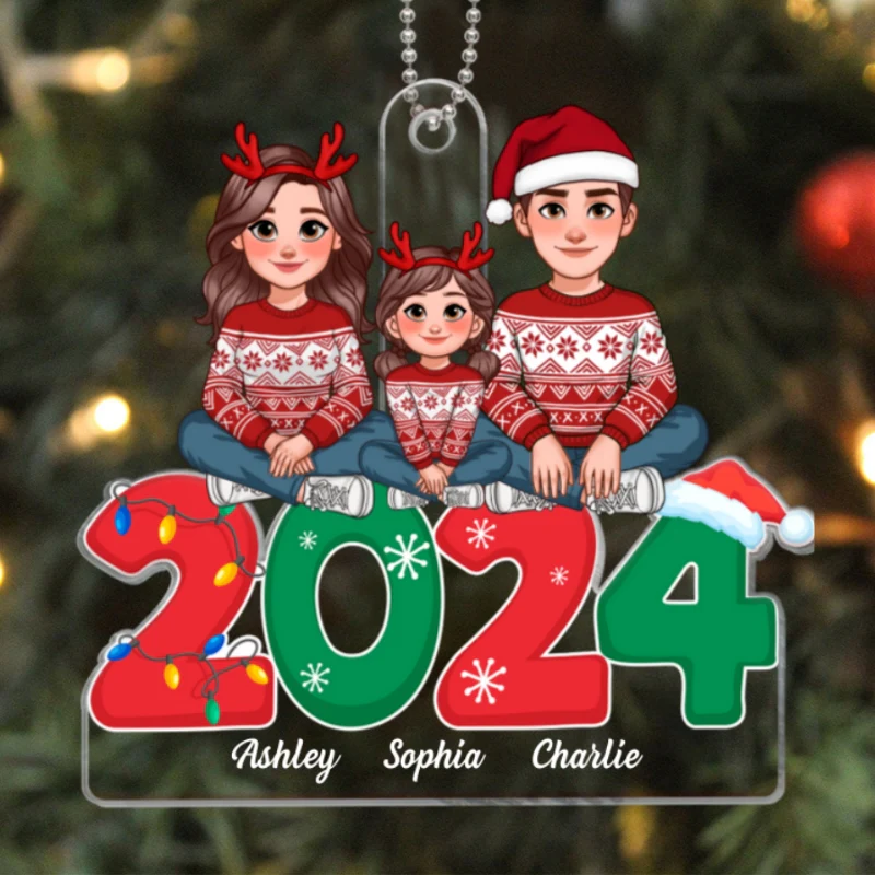 Animated Family Sitting On 2024 Christmas Personalized Acrylic Ornament - Image 5
