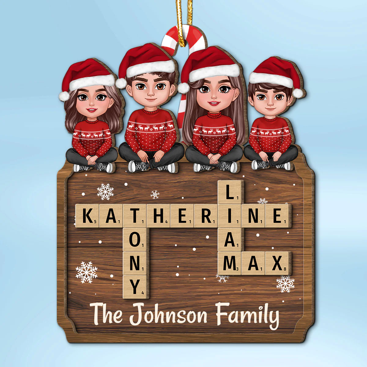 Animated Family Sitting On Crossword Puzzle Board Personalized 2-Layer Wooden Ornament - Image 2