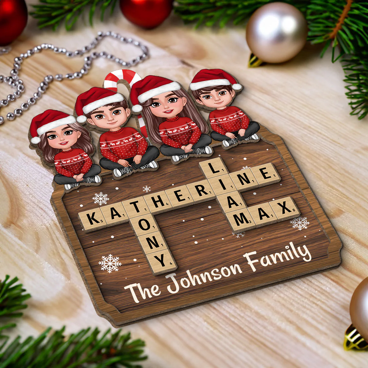 Animated Family Sitting On Crossword Puzzle Board Personalized 2-Layer Wooden Ornament - Image 5