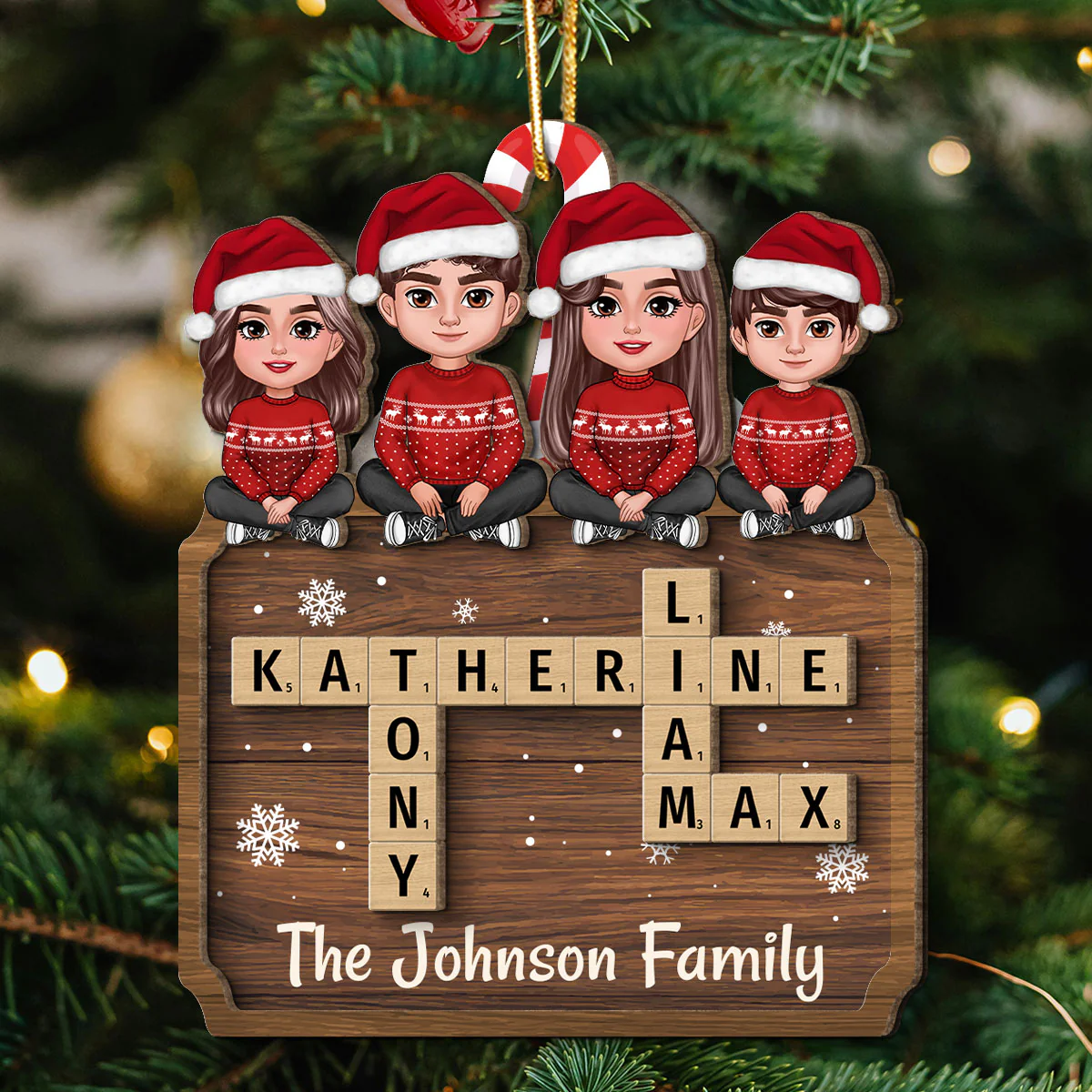 Animated Family Sitting On Crossword Puzzle Board Personalized 2-Layer Wooden Ornament - Image 6