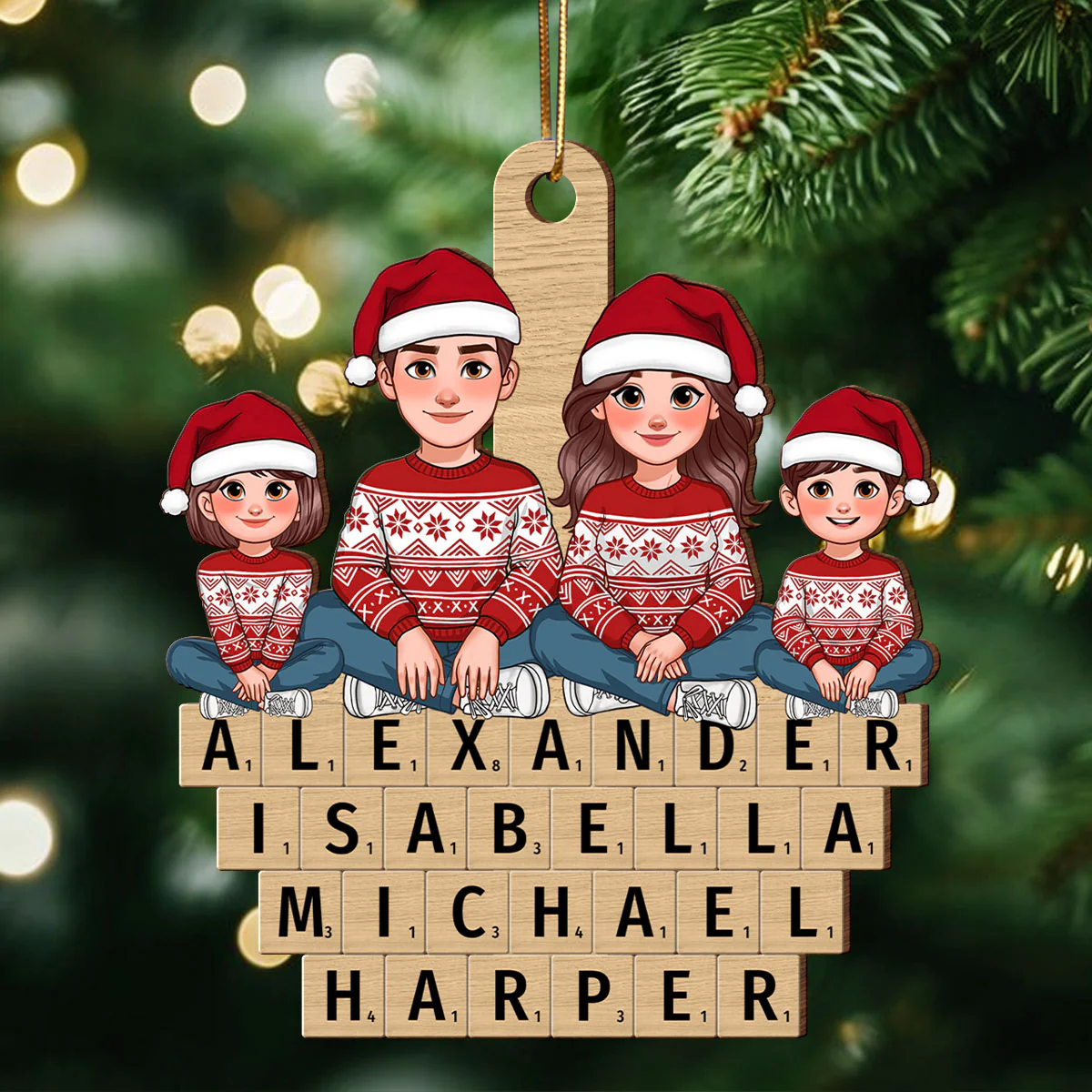 Animated Family Sitting On Wooden Blocks Names Personalized Wooden Ornament, Christmas Gift For Family - Image 3