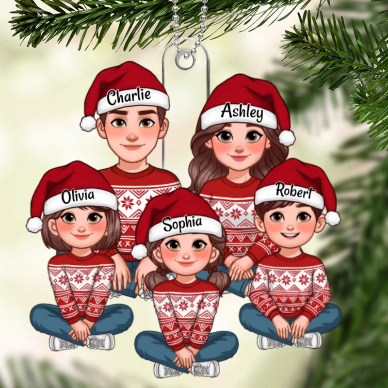 Animated Family Sitting Together Christmas Personalized Acrylic Ornament - Image 5
