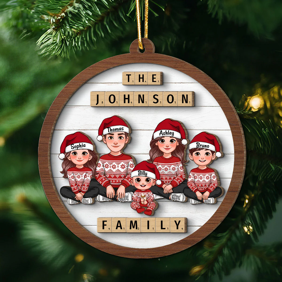 Animated Family Sitting Wooden Blocks Personalized 2-Layer Wooden Ornament, Christmas Decoration, Christmas Gift For Family