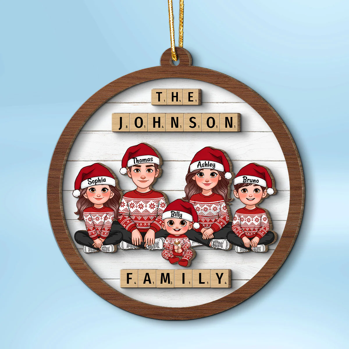 Animated Family Sitting Wooden Blocks Personalized 2-Layer Wooden Ornament, Christmas Decoration, Christmas Gift For Family - Image 2