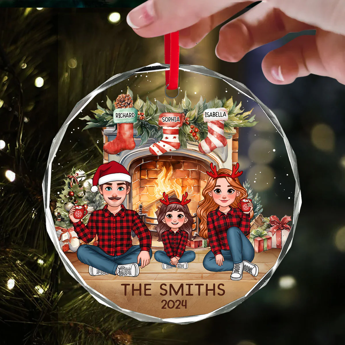 Animated Family Vintage Christmas Stockings Fireplace Personalized Glass Ornament, Christmas Gift For Family - Image 2