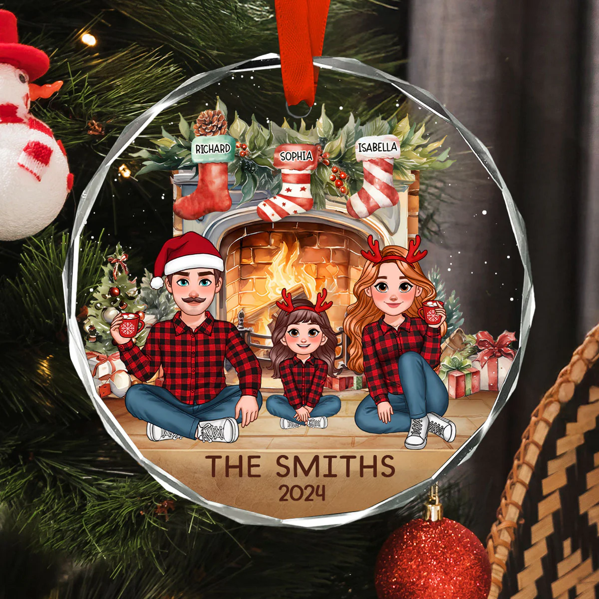 Animated Family Vintage Christmas Stockings Fireplace Personalized Glass Ornament, Christmas Gift For Family - Image 3