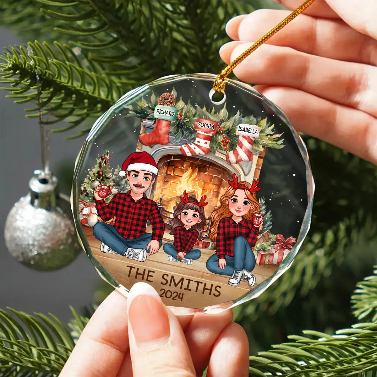 Animated Family Vintage Christmas Stockings Fireplace Personalized Glass Ornament, Christmas Gift For Family - Image 4