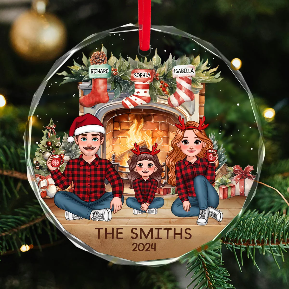 Animated Family Vintage Christmas Stockings Fireplace Personalized Glass Ornament, Christmas Gift For Family - Image 5