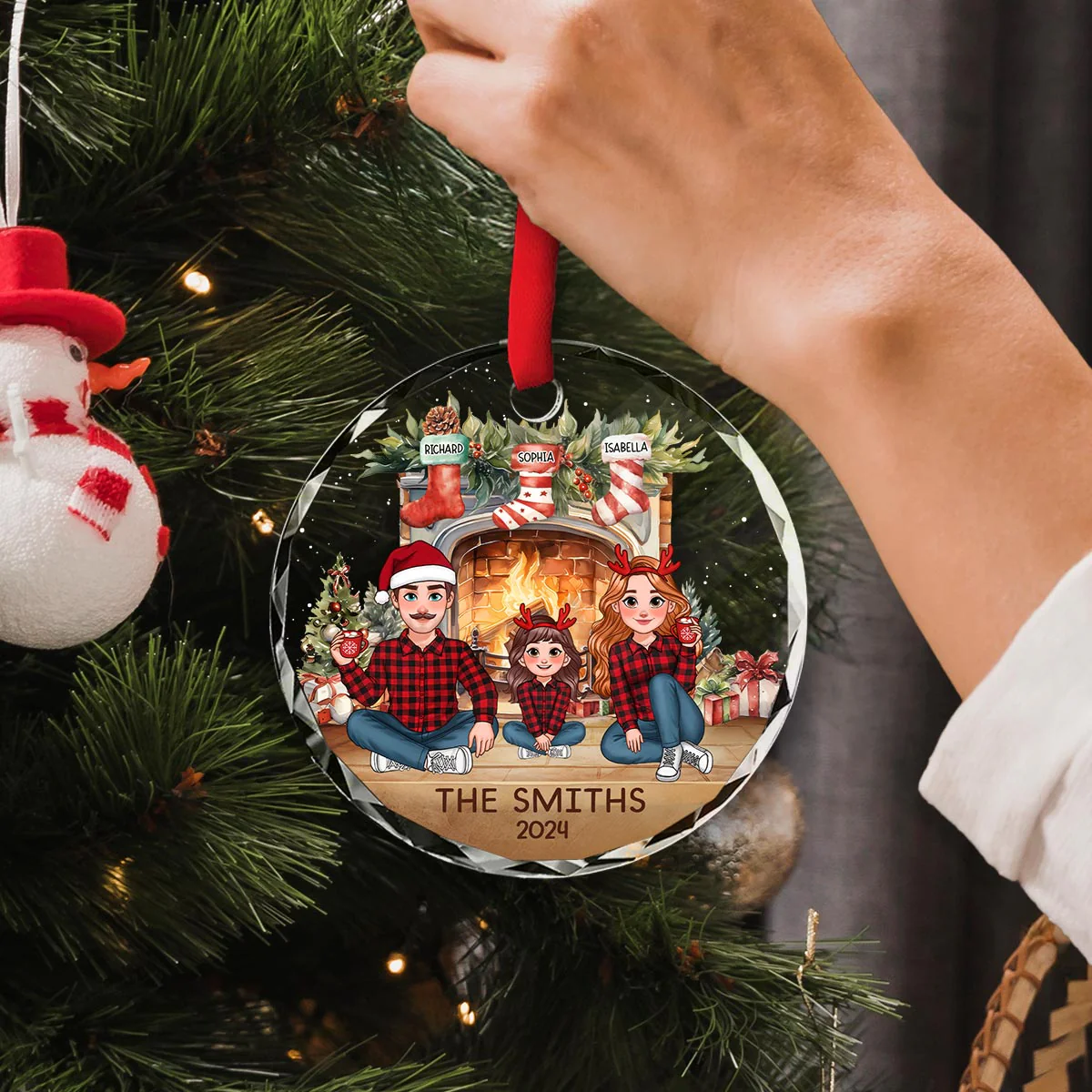 Animated Family Vintage Christmas Stockings Fireplace Personalized Glass Ornament, Christmas Gift For Family - Image 7