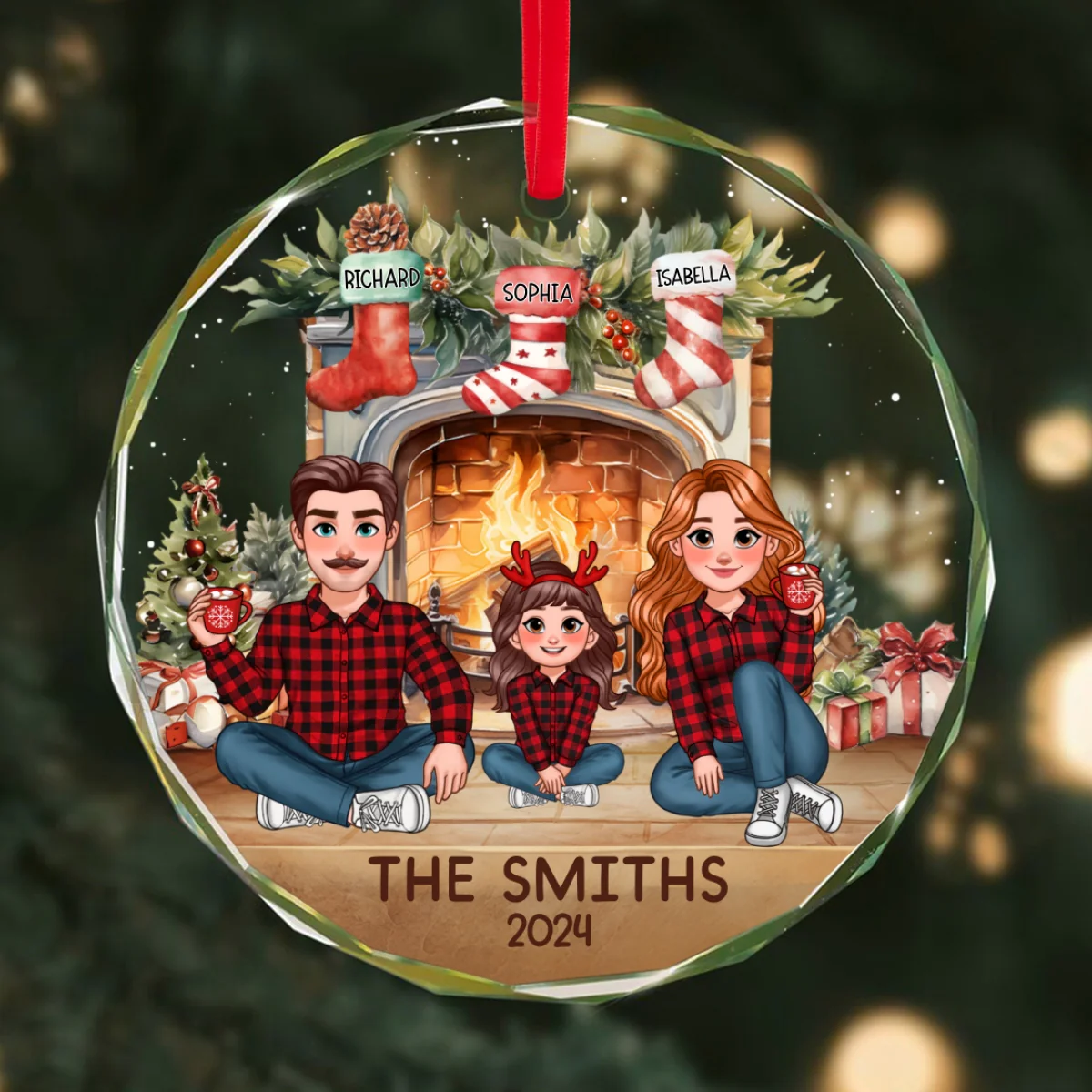 Animated Family Vintage Christmas Stockings Fireplace Personalized Glass Ornament, Christmas Gift For Family - Image 9