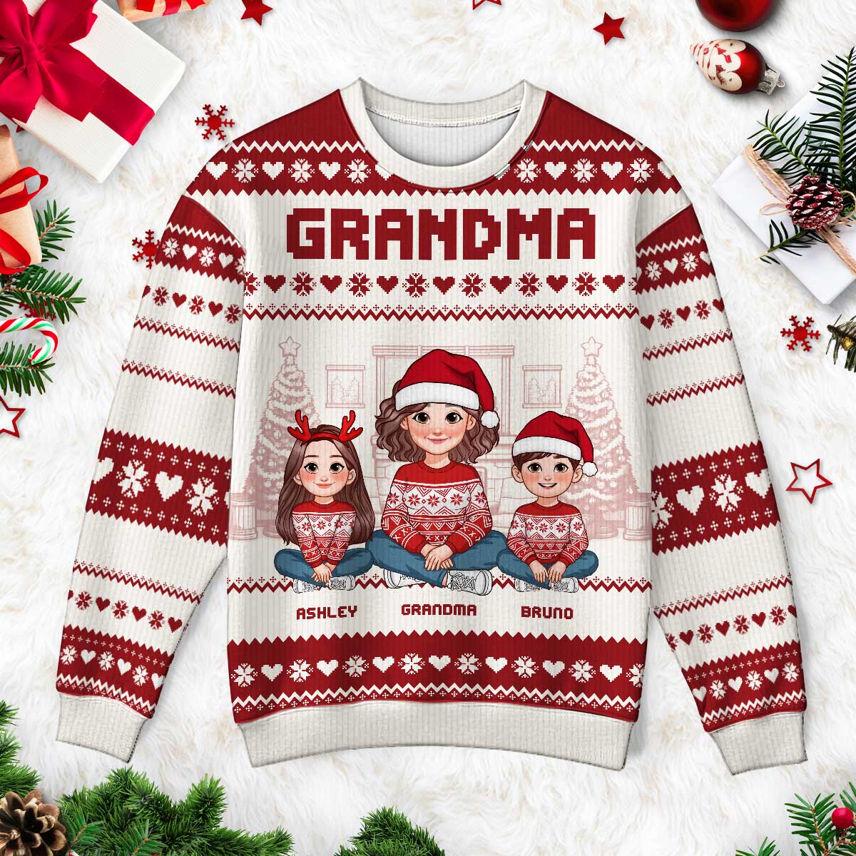 Animated Grandma Grandkids Christmas Personalized Faux Knitting Ugly Sweater
