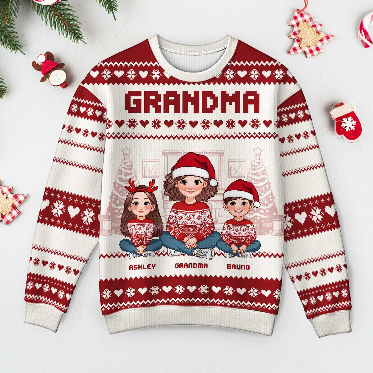 Animated Grandma Grandkids Christmas Personalized Faux Knitting Ugly Sweater - Image 2