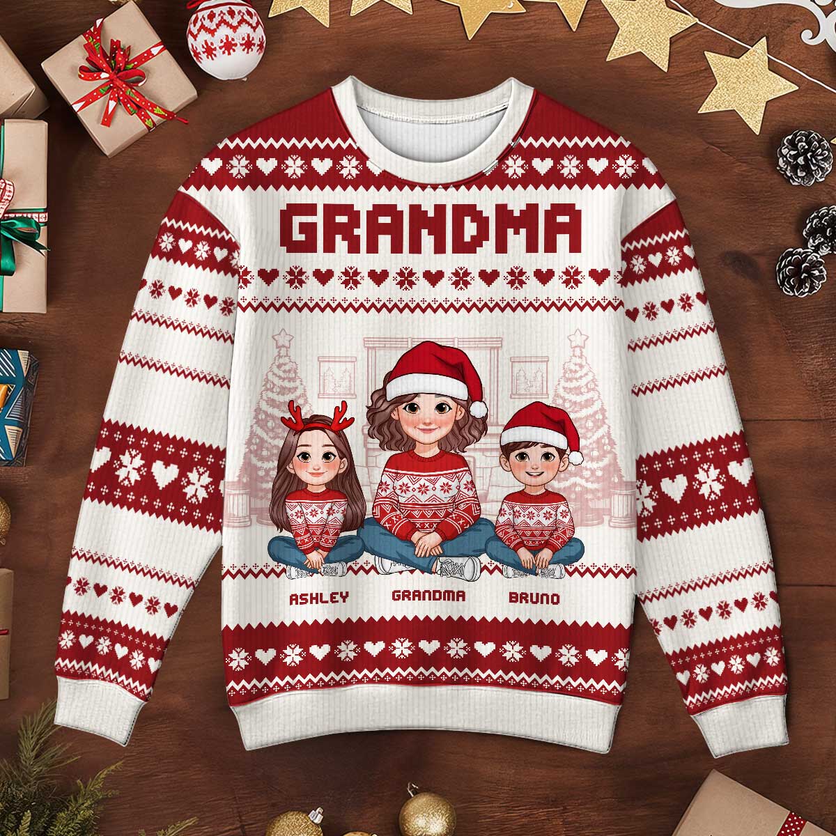 Animated Grandma Grandkids Christmas Personalized Faux Knitting Ugly Sweater - Image 3