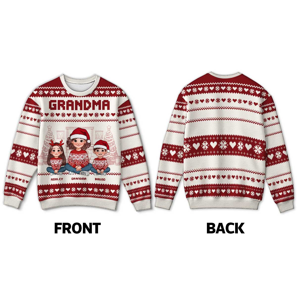 Animated Grandma Grandkids Christmas Personalized Faux Knitting Ugly Sweater - Image 4