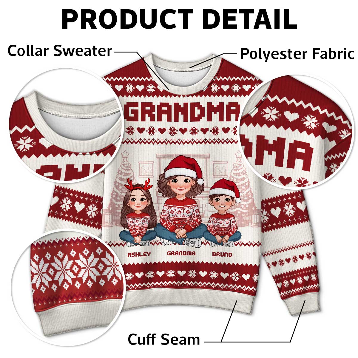 Animated Grandma Grandkids Christmas Personalized Faux Knitting Ugly Sweater - Image 5