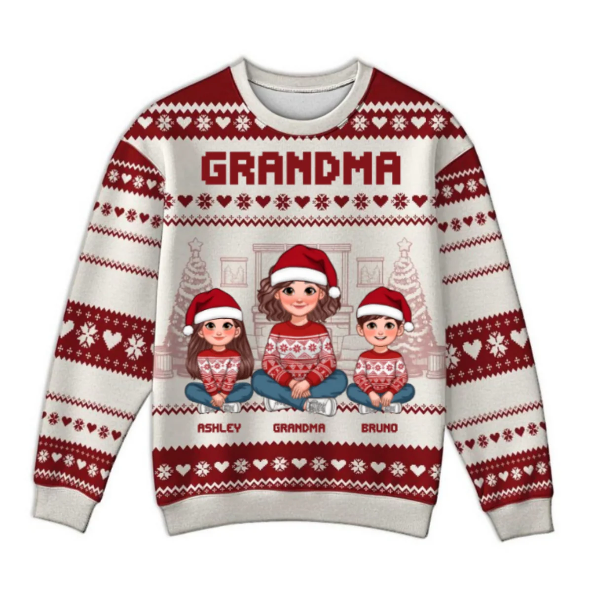 Animated Grandma Grandkids Christmas Personalized Faux Knitting Ugly Sweater - Image 8