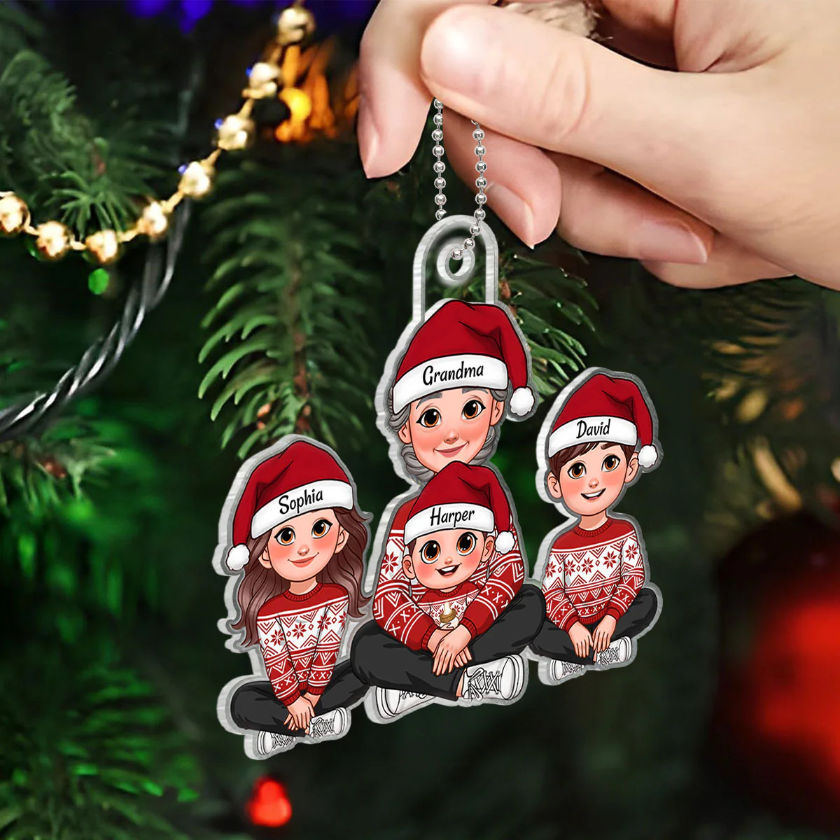 Animated Grandma Grandkids Sitting Christmas Personalized Acrylic Ornament - Image 3