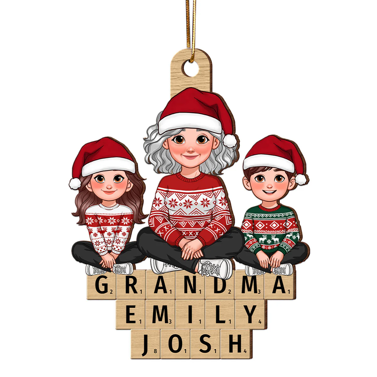 Animated Grandma Grandkids Sitting On Wooden Blocks Personalized Wooden Ornament - Image 2