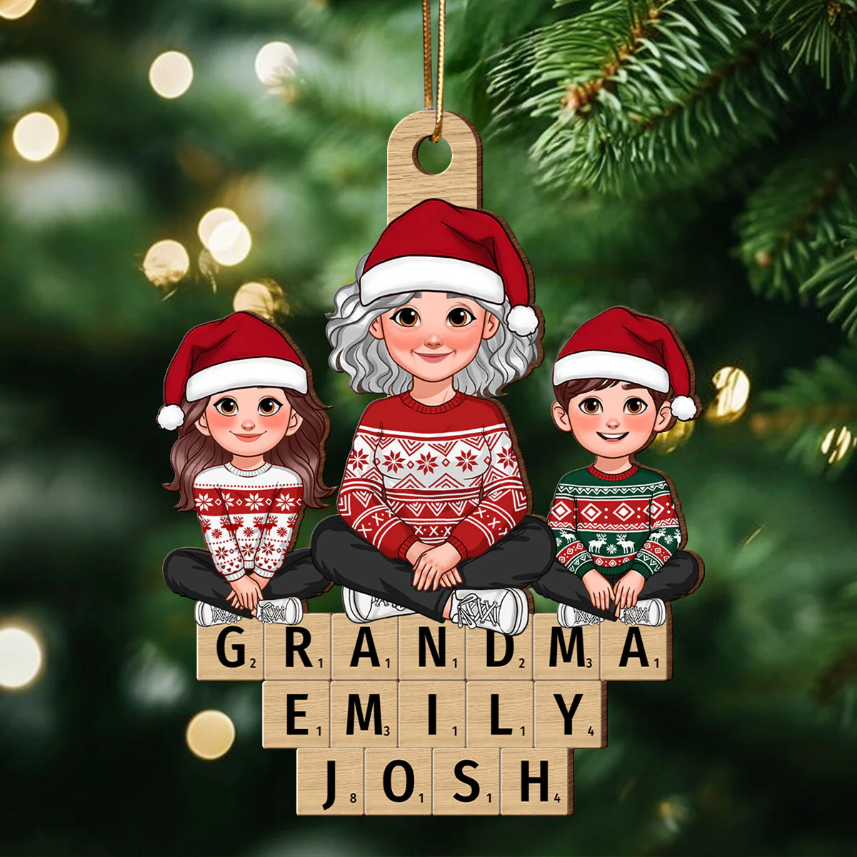 Animated Grandma Grandkids Sitting On Wooden Blocks Personalized Wooden Ornament - Image 3