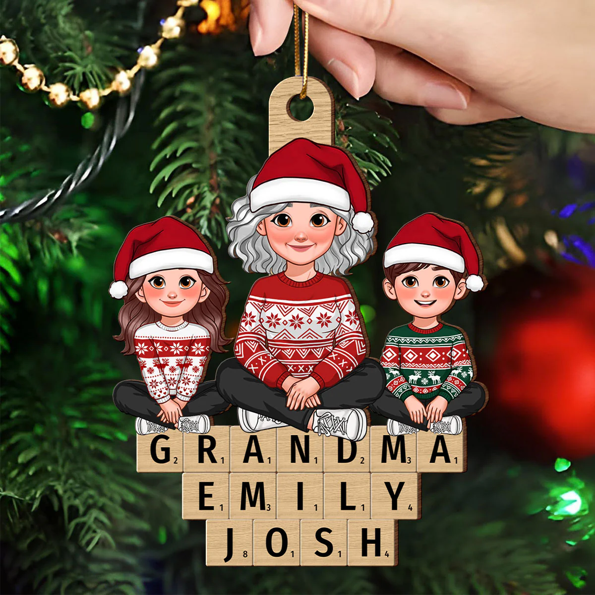 Animated Grandma Grandkids Sitting On Wooden Blocks Personalized Wooden Ornament - Image 4