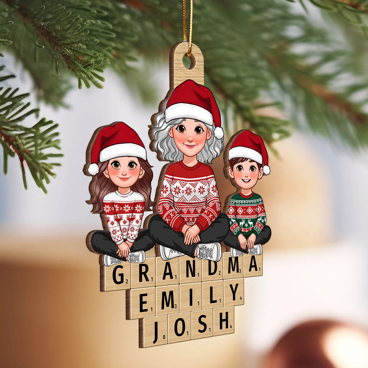 Animated Grandma Grandkids Sitting On Wooden Blocks Personalized Wooden Ornament - Image 5