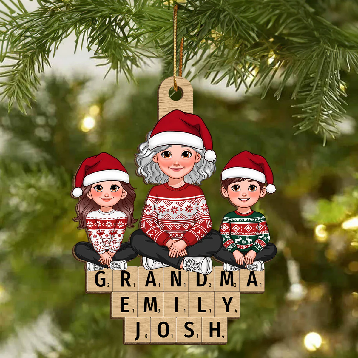 Animated Grandma Grandkids Sitting On Wooden Blocks Personalized Wooden Ornament - Image 7