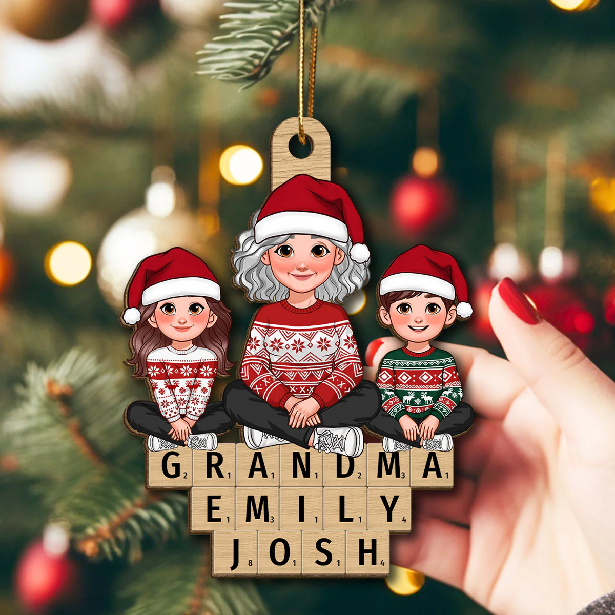 Animated Grandma Grandkids Sitting On Wooden Blocks Personalized Wooden Ornament - Image 8