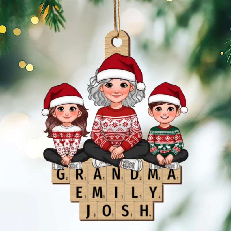 Animated Grandma Grandkids Sitting On Wooden Blocks Personalized Wooden Ornament - Image 9