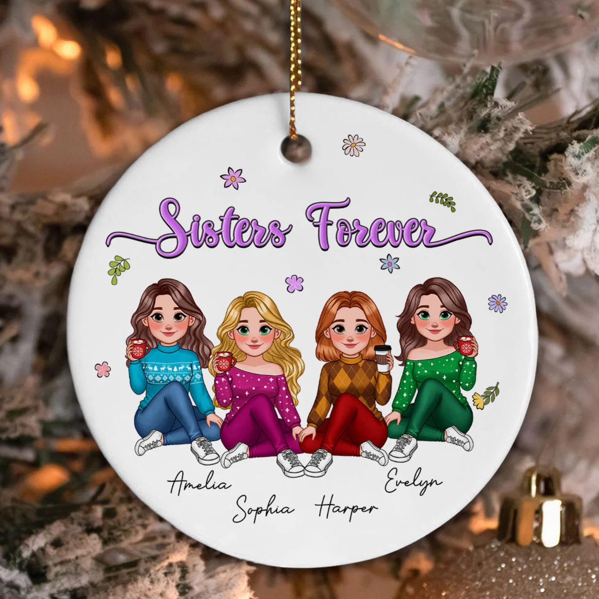 Animated Sisters Forever Floral Personalized Ceramic Ornament, Christmas Gift For Sisters, Best Friends
