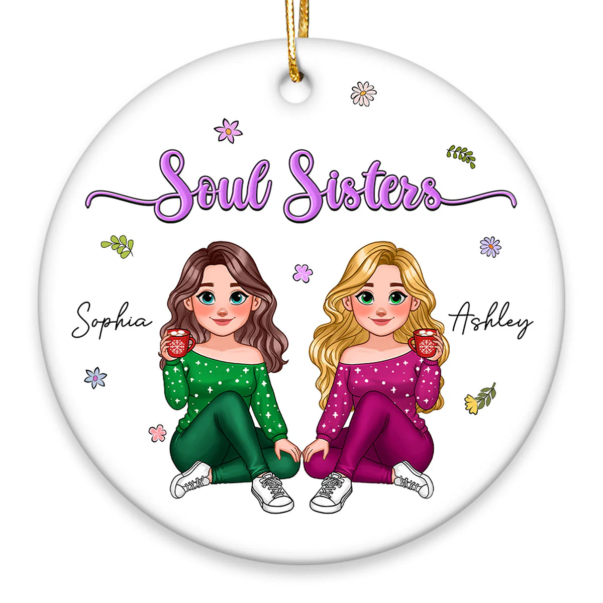 Animated Sisters Forever Floral Personalized Ceramic Ornament, Christmas Gift For Sisters, Best Friends - Image 2