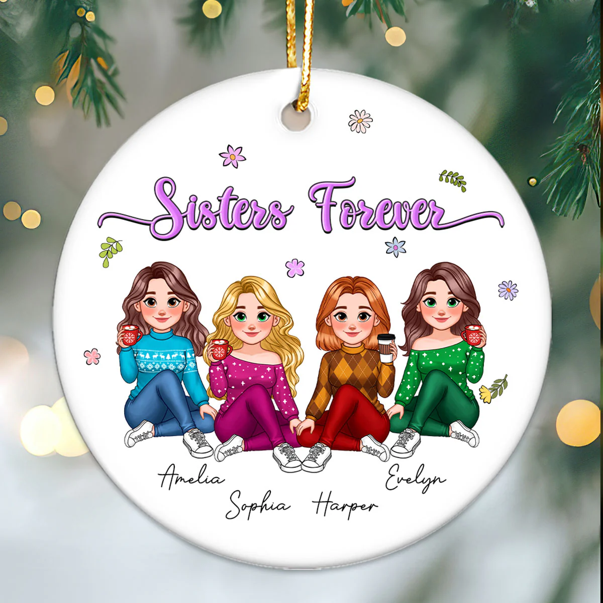 Animated Sisters Forever Floral Personalized Ceramic Ornament, Christmas Gift For Sisters, Best Friends - Image 3