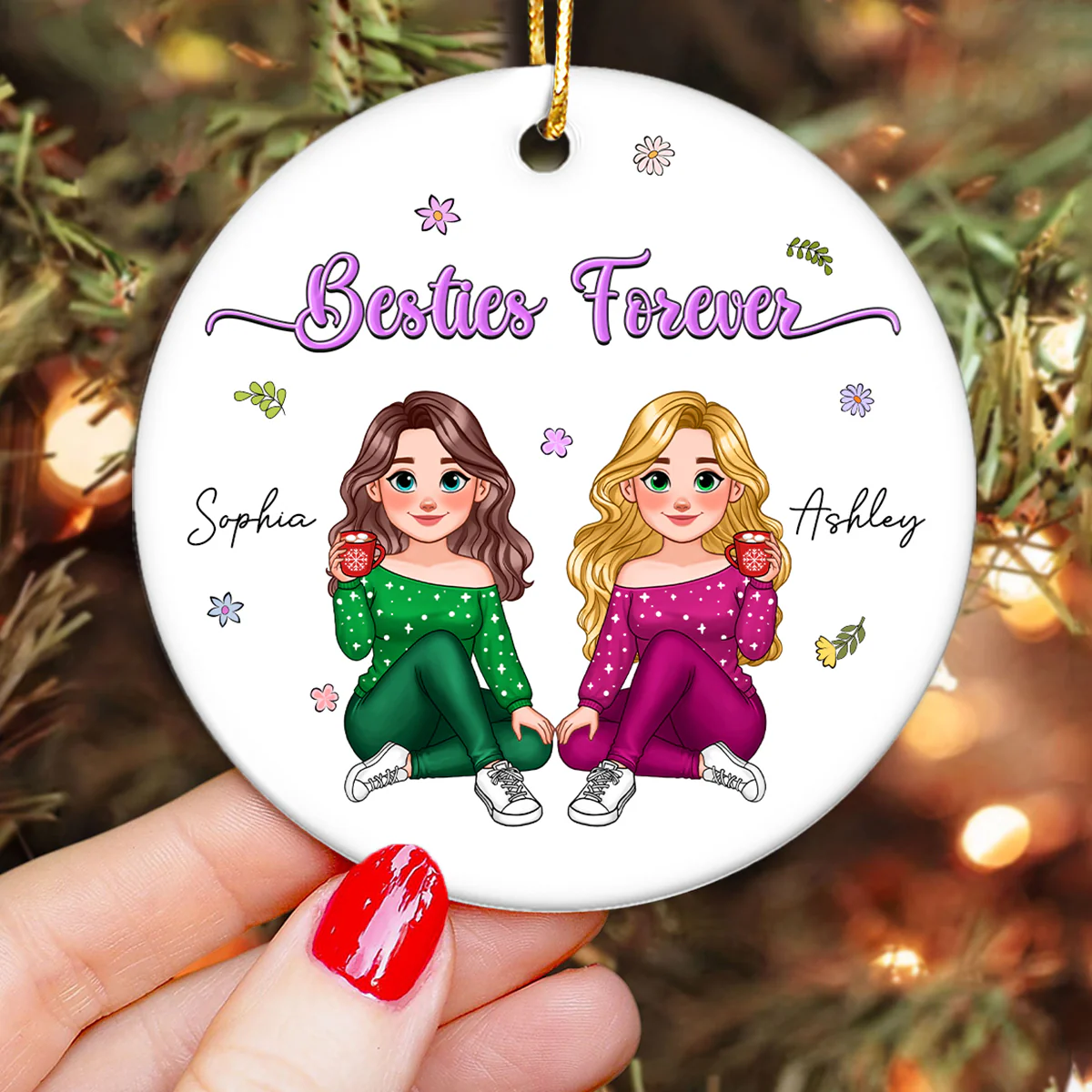 Animated Sisters Forever Floral Personalized Ceramic Ornament, Christmas Gift For Sisters, Best Friends - Image 4