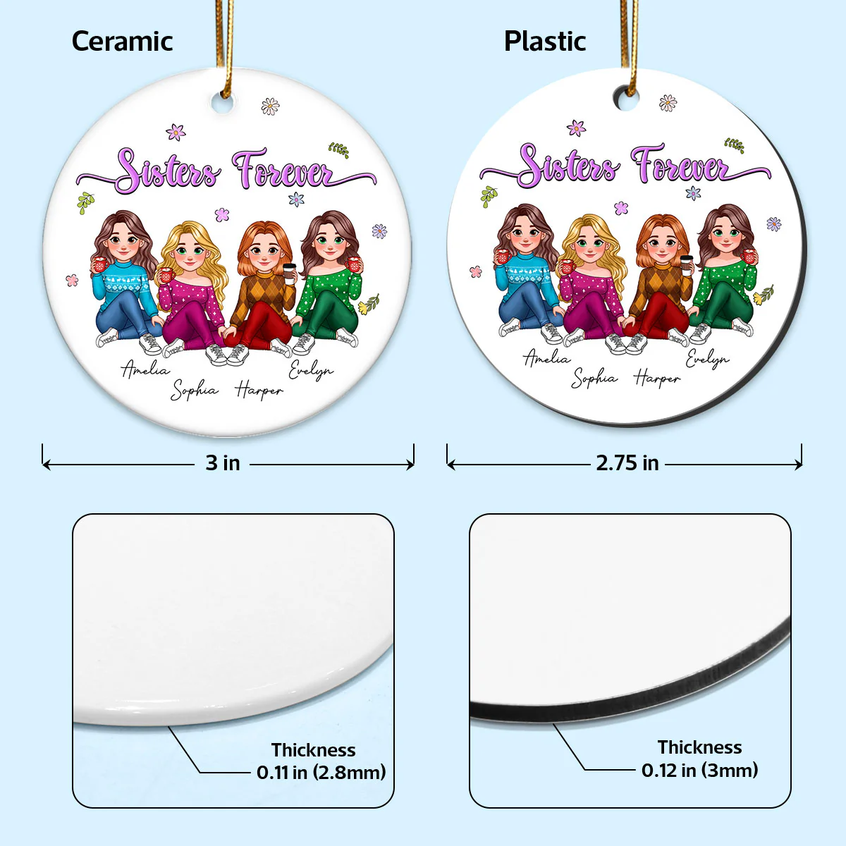 Animated Sisters Forever Floral Personalized Ceramic Ornament, Christmas Gift For Sisters, Best Friends - Image 5