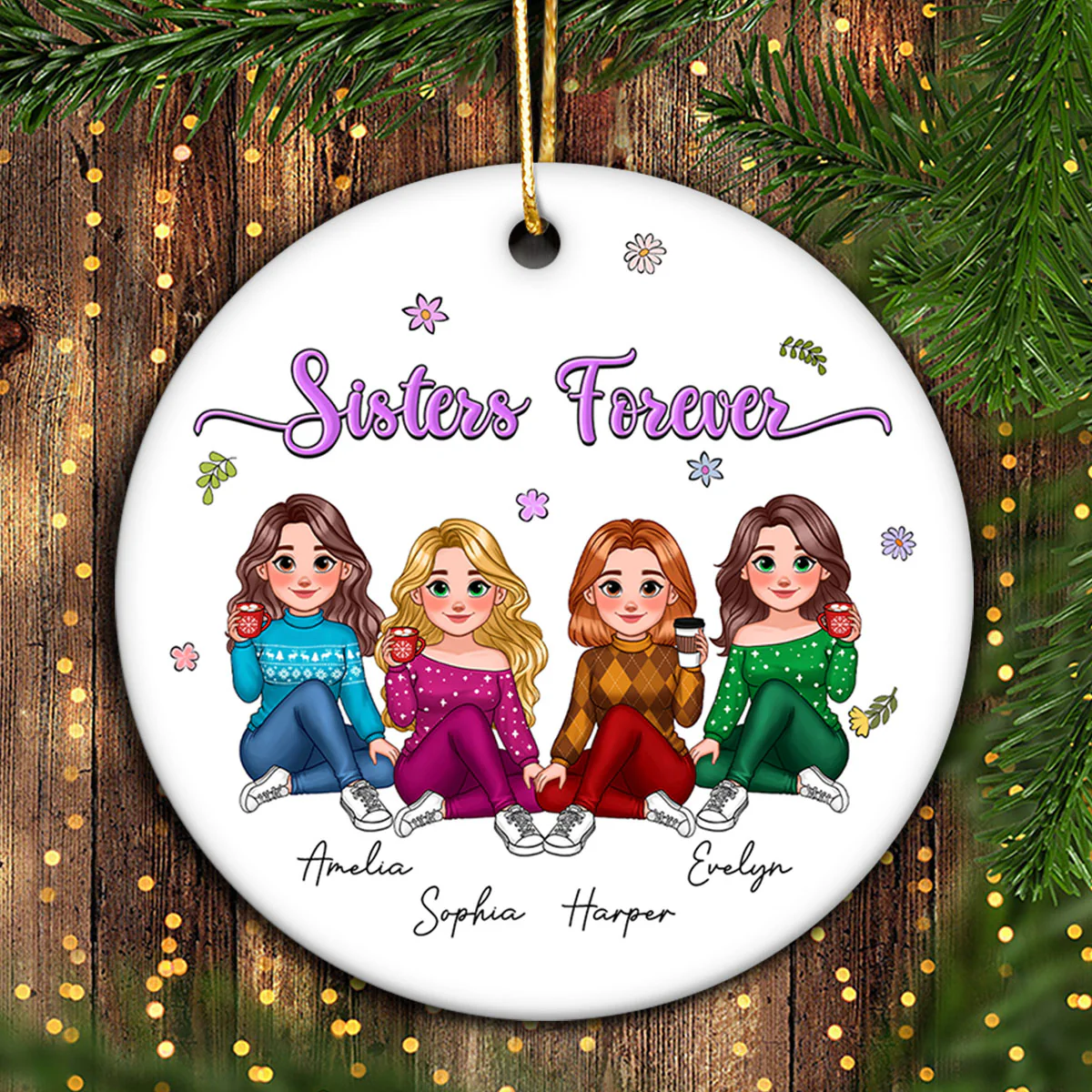 Animated Sisters Forever Floral Personalized Ceramic Ornament, Christmas Gift For Sisters, Best Friends - Image 6