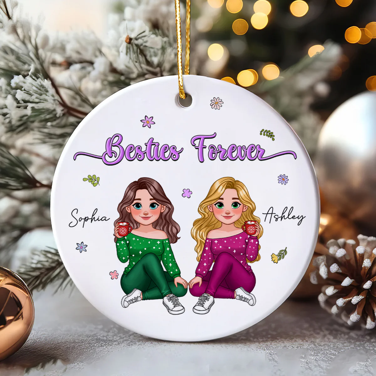 Animated Sisters Forever Floral Personalized Ceramic Ornament, Christmas Gift For Sisters, Best Friends - Image 7
