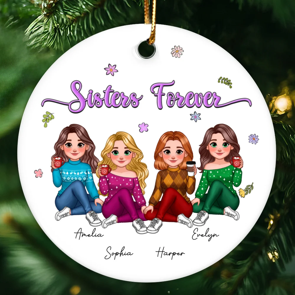 Animated Sisters Forever Floral Personalized Ceramic Ornament, Christmas Gift For Sisters, Best Friends - Image 9