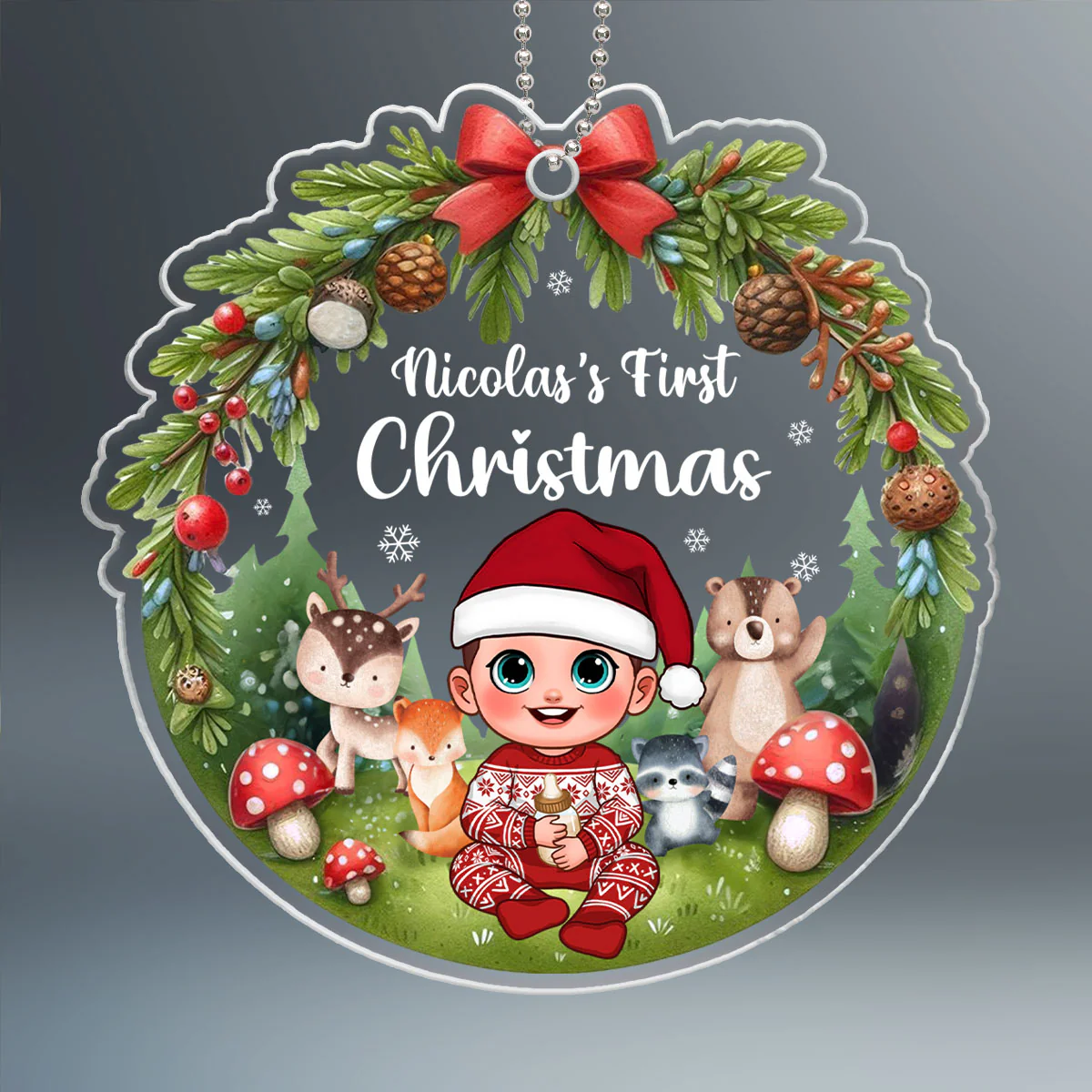 Animated Woodland Animals Baby's First Christmas Personalized Acrylic Ornament - Image 2