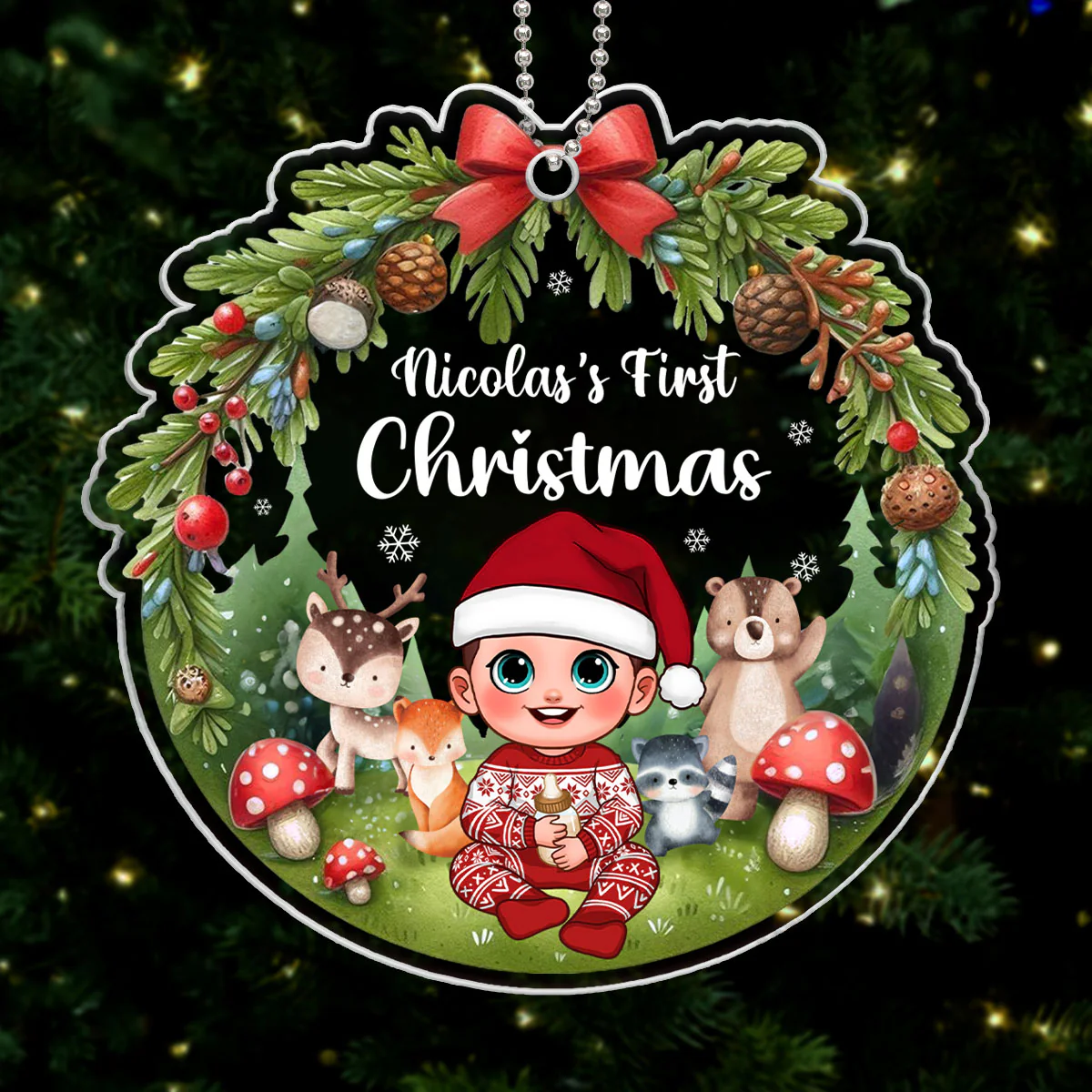 Animated Woodland Animals Baby's First Christmas Personalized Acrylic Ornament - Image 6