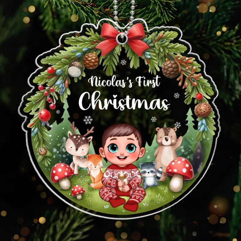 Animated Woodland Animals Baby's First Christmas Personalized Acrylic Ornament - Image 8