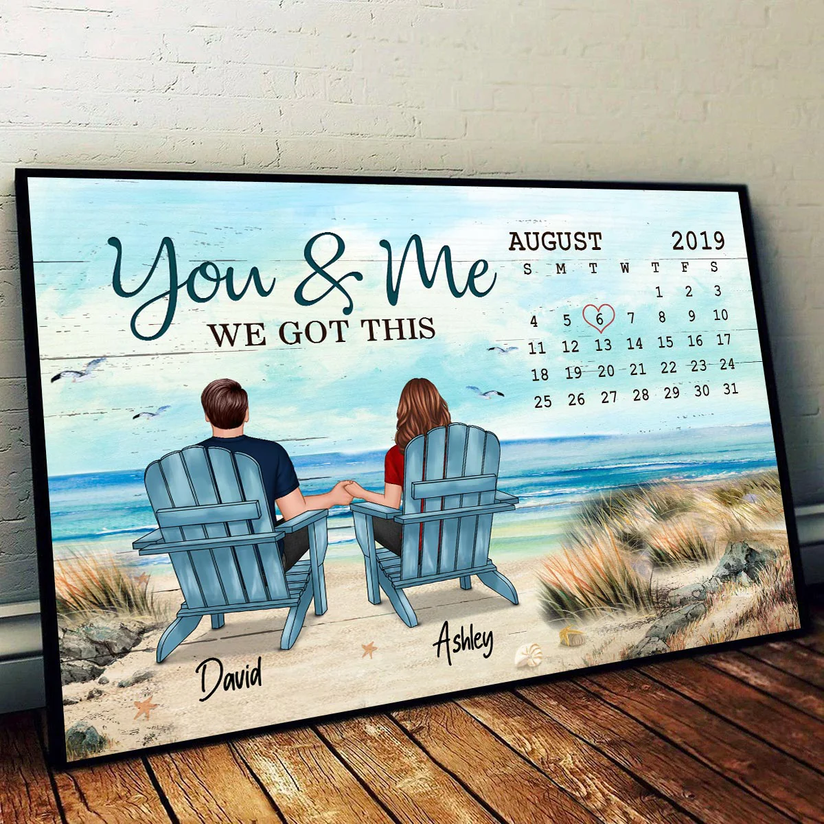 Anniversary Date Back View Couple Sitting Beach Landscape Gift For Him For Her Personalized Horizontal Poster - Image 2