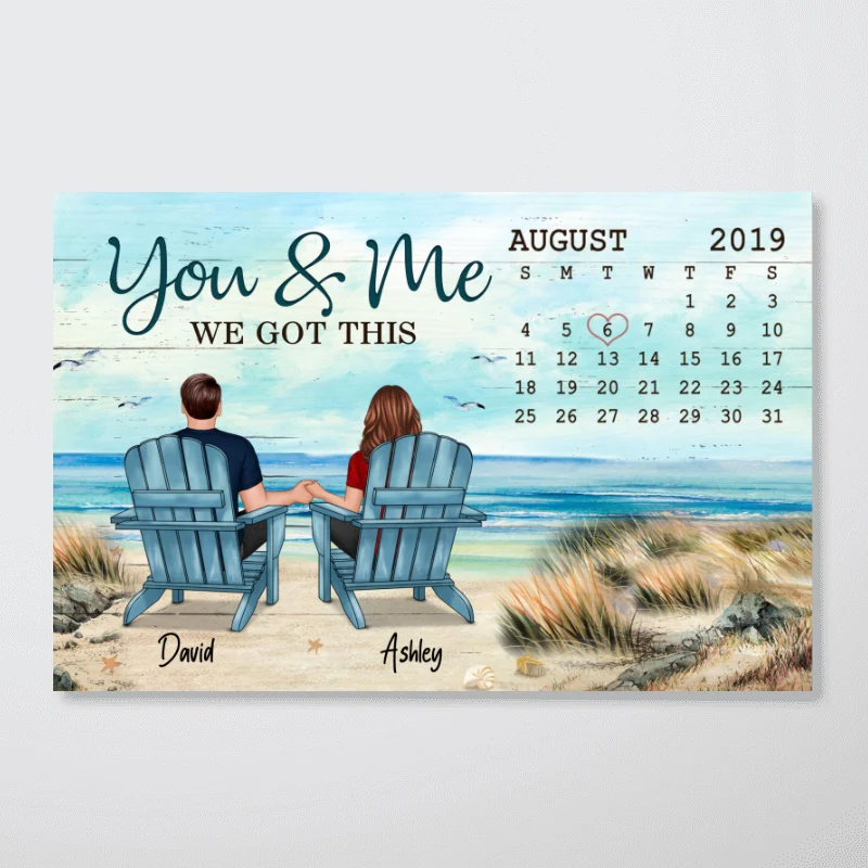 Anniversary Date Back View Couple Sitting Beach Landscape Gift For Him For Her Personalized Horizontal Poster - Image 3