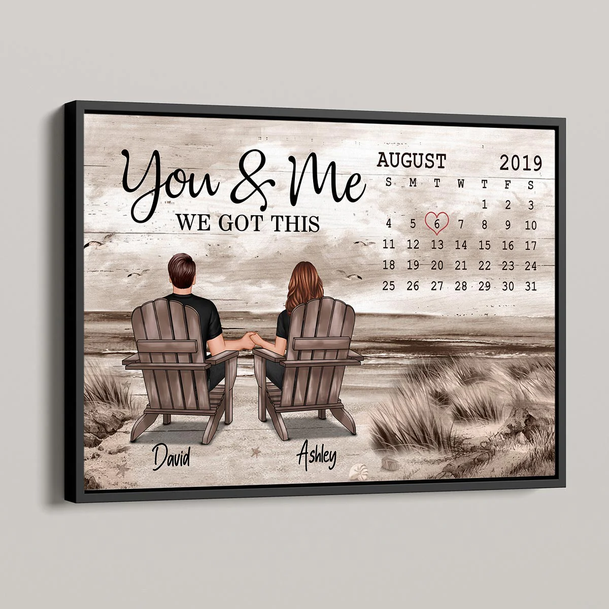 Anniversary Date Retro Vintage Back View Couple Sitting Beach Landscape Personalized Horizontal Poster - Image 4